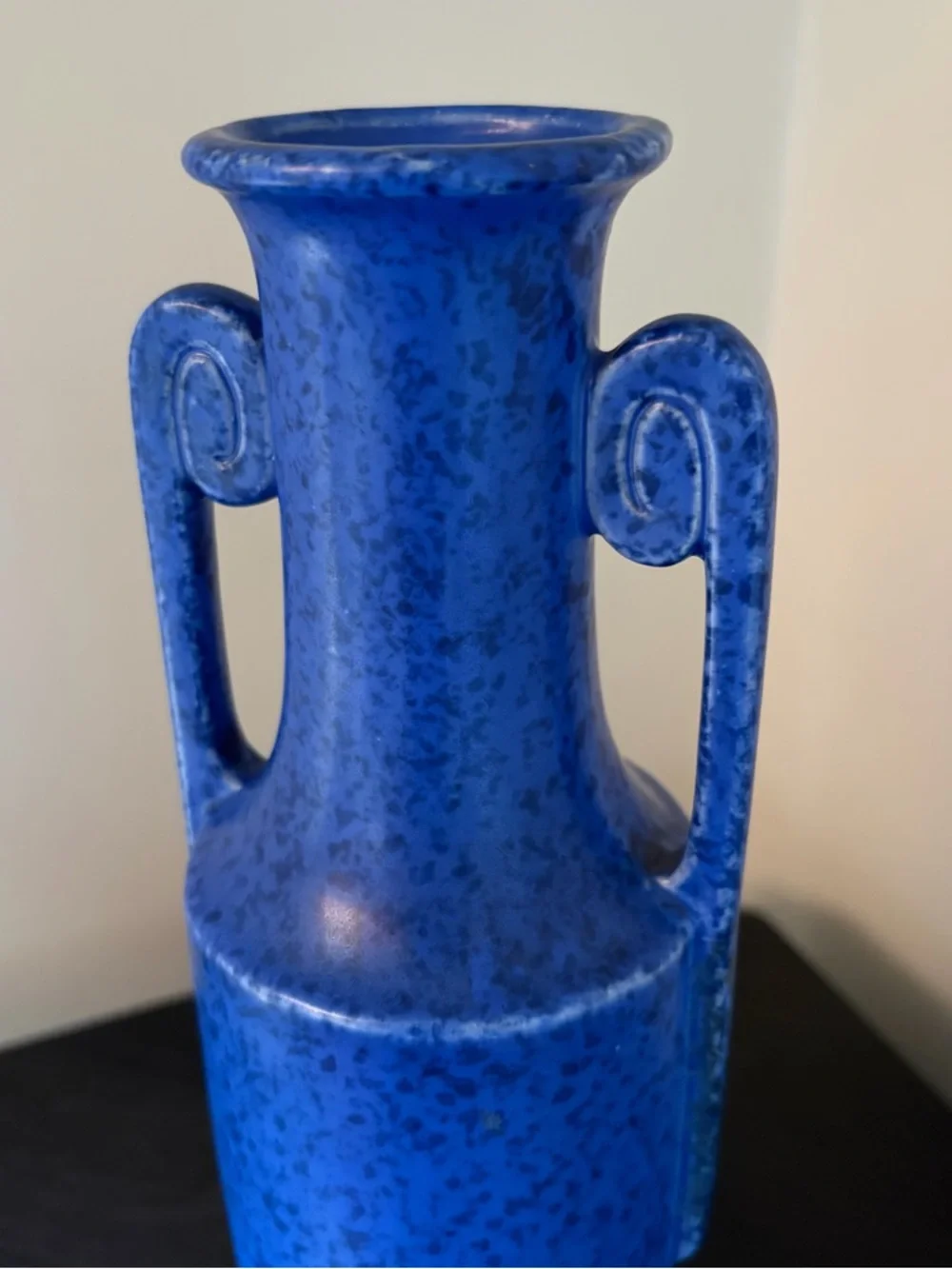 Vintage Czech Pottery Amphora Vase Mottled Cobalt Blue Glaze Scroll Handles MCM